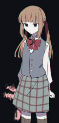 Rule 34 | 1girl, aged down, bakara (19083210), black socks, blunt bangs, bow, bowtie, brown eyes, brown hair, buttons, chromatic aberration, closed mouth, colored eyelashes, colored skin, commentary request, cowboy shot, empty eyes, expressionless, film grain, green skirt, grey vest, highres, holding, holding stuffed toy, kneehighs, long sleeves, plaid clothes, plaid skirt, red bow, red bowtie, shirt, sidelocks, skirt, socks, solo, stuffed animal, stuffed rabbit, stuffed toy, twintails, umineko no naku koro ni, ushiromiya rosa, vest, white shirt, white skin
