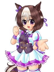 1girl :d animal_ears black_corset blush braid brown_hair commentary corset cowboy_shot dress english_commentary frilled_dress frills half_up_braid highres higurashi_no_naku_koro_ni horse_ears horse_girl horse_tail indoors looking_at_viewer multicolored_hair neck_ribbon open_mouth puffy_short_sleeves puffy_sleeves purple_eyes purple_ribbon ribbon ryukishi07_(style) seacatscrying short_hair short_sleeves simple_background smile solo special_week_(umamusume) tail thighhighs two-tone_hair umamusume white_background white_dress white_thighhighs