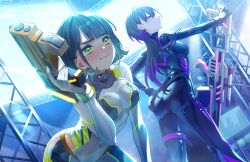 2girls aqua_hair ass bent_over black_bodysuit black_hair blunt_bangs blush bob_cut bodysuit breasts clothing_cutout contrapposto cosplay covered_collarbone covered_navel dutch_angle embarrassed game_cg gradient_hair green_eyes grey_bodysuit gun hair_ornament hand_on_own_ass handgun highres holding holding_gun holding_weapon jumbotron katsuragi_izumi link!_like!_love_live! long_hair long_sleeves looking_ahead looking_at_viewer love_live! medium_breasts momose_ginko multicolored_hair multiple_girls non-web_source nose_blush official_alternate_costume official_art pout profile purple_hair rifle short_hair sidelocks skin_tight slit_pupils smile sniper_rifle stage_lights standing sweat triangle_hair_ornament virtual_youtuber weapon wolf_cut