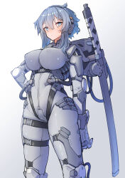 1girl absurdres blue_eyes blue_hair bodysuit breasts closed_mouth covered_erect_nipples grey_bodysuit hair_between_eyes hand_on_own_hip highres impossible_bodysuit impossible_clothes large_breasts looking_at_viewer original ringobatake science_fiction sheath short_hair_with_long_locks sidelocks simple_background skin_tight solo standing sword weapon weapon_on_back white_background white_bodysuit
