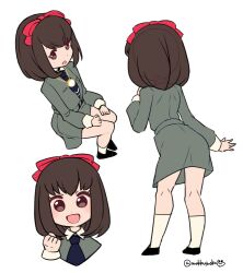 1girl :d brown_eyes brown_hair do_m_kaeru full_body hair_ribbon jewelry looking_at_viewer mole mole_under_mouth necklace necktie open_mouth persona persona_1 ribbon school_uniform short_hair simple_background skirt smile socks solo sonomura_maki st._hermelin_school_uniform twitter_username white_background
