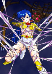 1girl armor arms_behind_back asou_yuuko bdsm belt bikini bikini_armor bikini_top_only blue_eyes blue_hair blush bondage boots bound bug captured crotch_rope female_focus knee_boots long_hair looking_at_viewer matching_hair/eyes microskirt midriff miniskirt monster mugen_senshi_valis navel neckerchief panties pantyshot peril restrained shoulder_pads silk skirt solo spark_utamaro spider spider_web sweatdrop swimsuit telenet_japan underwear upskirt valis very_long_hair