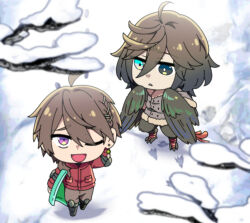 2boys ;d bird_legs bird_wings black_eyes branch brown_hair brown_pants brown_wings chibi footprints full_body getian_(reverse:1999) grey_eyes grey_jacket hair_between_eyes harpy_boy heterochromia hnt_(1177tr1999) holding jacket looking_at_viewer male_focus monster_boy multiple_boys name_day_(reverse:1999) one_eye_closed open_mouth pants purple_eyes red_jacket reverse:1999 short_hair smile snow triangle_mouth winged_arms wings