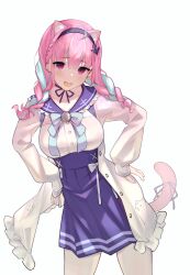 1girl :d absurdres animal_ear_fluff animal_ears bei_qi black_hairband blue_hair blue_ribbon blue_sailor_collar blue_skirt braid cat_ears cat_girl cat_tail collarbone commentary_request frilled_jacket frills hairband hands_on_own_hips high-waist_skirt highres hololive jacket long_sleeves minato_aqua minato_aqua_(sailor) multicolored_hair open_clothes open_jacket open_mouth pantyhose pink_hair pleated_skirt puffy_long_sleeves puffy_sleeves purple_eyes ribbon sailor_collar school_uniform serafuku shirt simple_background skirt sleeves_past_wrists smile solo tail tail_ornament tail_ribbon twin_braids twintails two-tone_hair virtual_youtuber white_background white_jacket white_pantyhose white_shirt