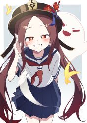Rule 34 | 1girl, absurdres, alternate eye color, alternate hair length, alternate hairstyle, black hat, blue sailor collar, blue skirt, blush, boo tao (genshin impact), borrowed clothes, bug, butterfly, commentary request, flat chest, flower, flower-shaped pupils, genshin impact, ghost, gradient background, grin, hand up, hat, hat flower, highres, homake, hu tao (genshin impact), insect, karakai jouzu no takagi-san, long hair, looking at viewer, neckerchief, open mouth, pleated skirt, porkpie hat, red eyes, red neckerchief, sailor collar, school uniform, shirt, short sleeves, simple background, skirt, smile, solo, symbol-shaped pupils, takagi-san, takahashi rie, teeth, voice actor connection, white shirt