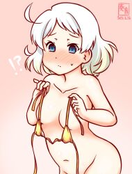 !? 1girl artist_logo bikini blue_eyes blush breasts dated gold_bikini gradient_background groin holding holding_unworn_clothes kanon_(kurogane_knights) kantai_collection logo natsugumo_(kancolle) nose_blush nude one-hour_drawing_challenge out-of-frame_censoring pink_background short_hair small_breasts solo swimsuit white_hair