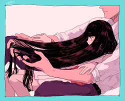 ace_attorney black_hair blue_pants highres holding_another&#039;s_hair hug long_hair lying_on_person maya_fey omen_hohoho pants phoenix_wright shirt white_background white_shirt