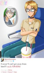 2boys aircraft airplane airplane_interior aqua_eyes aqua_pants artist_name black_shirt blonde_hair blue-framed_eyewear blue_choker breast_pocket brown_shirt chain chain_necklace choker closed_mouth commentary constricted_pupils crossed_arms cup cxrxmelchoco disposable_cup drink drinking_straw earrings english_commentary english_text ensemble_stars! frown furrowed_brow glasses green_eyes grey_hair grey_shirt highres jewelry layered_clothes layered_shirt looking_at_another male_focus meme messy_hair multiple_boys necklace official_art_inset open_mouth pants partially_unbuttoned pocket sena_izumi_(ensemble_stars!) shirt short_hair short_sleeves signature sitting sky smile social_media_composition social_network sparkle stalking stud_earrings thumbs_up tree white_shirt wide-eyed window worried yuuki_makoto_(ensemble_stars!)