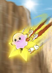 Rule 34 | blurry, blurry background, digimon, digimon (creature), flying, full body, highres, kirby (series), mas square, midair, mochimon, motion blur, nintendo, no humans, outdoors, riding, sun, superstarmon