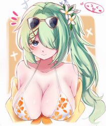 1girl bikini blue_archive breasts closed_mouth collarbone commentary dot_nose eyewear_on_head flower green_hair grey_eyes grey_halo hair_flower hair_ornament halo highres hiyori_(blue_archive) hiyori_(swimsuit)_(blue_archive) jacket large_breasts micro_bikini minchia_(wncm5544) nose one_eye_covered print_bikini side_ponytail solo swimsuit yellow_jacket