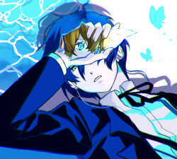 1boy 1girl absurdres aigis_(persona) black_ribbon blonde_hair blue_butterfly blue_eyes blue_hair blue_jacket blue_theme broken_glass bug butterfly chromatic_aberration collared_shirt covering_one_eye dutch_angle expressionless film_grain from_above gekkoukan_high_school_uniform glass glass_shard glass_shards glowing glowing_eyes hair_between_eyes headphones highres holding_glass_shard insect jacket joowon_(jju_oon) long_sleeves looking_at_viewer lying neck_ribbon on_back one_eye_covered open_clothes open_jacket parted_lips persona persona_3 reflection ribbon school_uniform shards shirt short_hair solo upper_body water white_shirt wing_collar yuuki_makoto_(persona_3)
