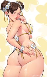 Rule 34 | 1girl, absurdres, ass, bare shoulders, bikini, breasts, brown eyes, brown hair, capcom, chun-li, double bun, dracksart, earrings, hair bun, highres, jewelry, large breasts, lips, looking back, mature female, solo, street fighter, swimsuit
