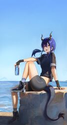Rule 34 | 1girl, absurdres, arknights, bike shorts, black gloves, black shirt, black shoes, black shorts, blue hair, blue sky, can, ch&#039;en (arknights), commentary, dragon girl, dragon horns, dragon tail, english commentary, fingerless gloves, gloves, hair between eyes, highres, holding, holding can, horizon, horns, knee to chest, long hair, looking at viewer, low-tied long hair, ocean, open mouth, outdoors, rasipan, red eyes, sand, shirt, shoes, shore, short shorts, short sleeves, shorts, sitting, sky, sneakers, socks, solo, tail, water, waves, white socks