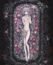 Rule 34 | 1girl, acrylic paint (medium), angel wings, barefoot, blonde hair, commentary request, completely nude, expressionless, feathered wings, flat chest, flower, full body, grey eyes, highres, looking at viewer, medium hair, navel, nude, original, painting (medium), pale skin, plant, ribs, rose, solo, sumire shisei, traditional media, tulip, veil, vines, wavy hair, wings