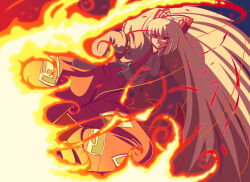 1girl bow burning commentary_request fire flaming_leg flying_kick fujiwara_no_mokou hair_bow hair_over_one_eye hair_ribbon hands_in_pockets kicking long_hair long_sleeves ofuda ofuda_on_clothes pants raion-san red_eyes red_pants ribbon shirt solo suspenders touhou very_long_hair white_bow white_hair white_shirt