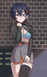 1girl belle_(zenless_zone_zero) black_shirt black_thighhighs blue_bra blue_hair bra breasts brick_wall clothes_lift commentary_request cowboy_shot crossed_bangs green_eyes grey_skirt hair_between_eyes hair_ornament highres layered_skirt letter_hair_ornament long_sleeves looking_at_viewer medium_breasts shirt shirt_lift short_hair single_thighhigh skirt smile solo solokitsune thighhighs turtleneck turtleneck_shirt underwear zenless_zone_zero