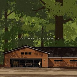 1boy building car day garage grey_pants hatelephant highres house motor_vehicle original outdoors pants shirt solo tree white_shirt