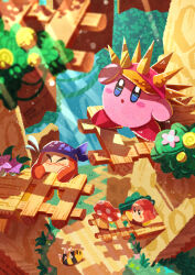 Rule 34 | absurdres, bandana, bandana waddle dee, blue bandana, blush stickers, cappy (kirby), closed eyes, copy ability, dappled sunlight, flower, flying sweatdrops, highres, kirby, kirby (series), needle kirby, needlous, nintendo, no humans, pink flower, solid oval eyes, spikes, sunlight, tree shade, waddle dee, watawata22
