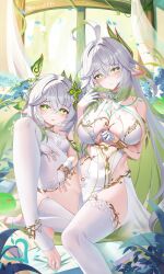 Rule 34 | 2girls, absurdres, ahoge, alternate costume, bare shoulders, blush, bracelet, breasts, bridal gauntlets, chinese commentary, cleavage, collarbone, commentary request, covered navel, crystalfly (genshin impact), dendro slime (genshin impact), dress, foot out of frame, genshin impact, gloves, gold trim, green eyes, green hair, hair between eyes, hair ornament, hand on another&#039;s thigh, highres, jewelry, jndfh, large breasts, leaf hair ornament, long hair, looking at viewer, multicolored hair, multiple girls, nahida (genshin impact), no shoes, parted lips, pointy ears, rukkhadevata (genshin impact), sitting, sleeveless, sleeveless dress, slime (genshin impact), small breasts, smile, stirrup legwear, symbol-shaped pupils, thighhighs, thighs, toeless legwear, toenails, toes, very long hair, white bridal gauntlets, white dress, white gloves, white hair, white thighhighs