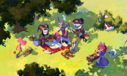 1other 3boys 4girls absurdres artist_name black_hair book bow bubble_(the_amazing_digital_circus) caine_(the_amazing_digital_circus) candy closed_eyes corn cup day disposable_cup dress food furry furry_male gangle_(the_amazing_digital_circus) gilding-the-time grass grill hat highres holding holding_book holding_wand jax_(the_amazing_digital_circus) jester jester_cap jester_costume kinger_(the_amazing_digital_circus) lollipop lying multiple_boys multiple_girls on_back outdoors picnic pomni_(the_amazing_digital_circus) popcorn purple_bow ragatha_(the_amazing_digital_circus) reading sandwich the_amazing_digital_circus tilted_headwear wand watermark web_address zooble_(the_amazing_digital_circus)