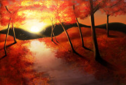 Rule 34 | autumn, autumn leaves, commentary request, highres, landscape, leaf, maple leaf, mountainous horizon, nature, no humans, orange sky, original, road, scenery, shadow, shootinghaze, sky, sunset, tree