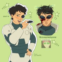 1boy armor artist_request black_hair blush flaxan_mark goggles green_background hand_up highres invincible_(series) looking_at_viewer open_mouth smile solo unworn_goggles