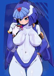 1girl absurdres blue_background blue_eyes blue_helmet bodysuit breasts breasts_apart buzzlyears fairy_leviathan_(mega_man) fins forehead_jewel head_fins heart helmet highres jacket large_breasts licking mega_man_(series) mega_man_zero_(series) open_clothes open_jacket simple_background solo_focus white_bodysuit zero(z)_(mega_man) zero_(mega_man)