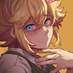 1boy artist_name bags_under_eyes basil_(faraway)_(omori) basil_(omori) blonde_hair blue_eyes blush closed_mouth collared_shirt commentary commission double-parted_bangs english_commentary fingernails flower green_sweater_vest hair_between_eyes hair_flaps hair_flower hair_ornament hand_on_own_chest hand_up highres looking_at_viewer male_focus mole mole_under_eye omori orange_background pink_flower portrait raised_inner_eyebrows shirt short_hair sidelighting sidelocks simple_background smile staticquit sweatdrop sweater_vest white_shirt