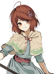 1girl blue_dress bob_cut capelet commentary_request cowboy_shot dragon_quest dragon_quest_x dress flower grin hair_flower hair_ornament highres holding holding_staff looking_to_the_side porte_(dq10) purple_flower red_eyes red_hair red_sash sash sato_sio_(si00x) short_hair sketch smile solo staff white_background yellow_capelet