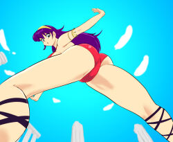1girl armlet asamiya_athena ass athena_(series) between_legs bikini breasts curvy from_behind from_below gold hairband huge_ass jewelry large_breasts long_hair looking_at_viewer looking_back outdoors pale_skin princess_athena purple_hair red_bikini skindentation snk_heroines:_tag_team_frenzy standing swimsuit the_king_of_fighters thick_thighs thighs