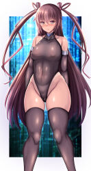 1girl 3d :/ absurdres alternate_breast_size artist_request barefoot black_leotard breasts brown_hair cameltoe cosplay covered_navel curvy embarrassed feet_out_of_frame hair_ornament hair_ribbon highleg highleg_leotard highres kanna_(minamozuki) leotard long_hair medium_breasts mizuki_shiranui mizuki_shiranui_(cosplay) mizuki_yukikaze narrow_waist nipples one-piece_tan pink_eyes revealing_clothes ribbon see-through_clothes see-through_leotard shiny_skin simple_background solo standing taimanin_(series) taimanin_suit taimanin_yukikaze tan tanline thong_leotard twintails very_long_hair wide_hips