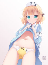 Rule 34 | 1girl, blonde hair, blue dress, blue eyes, bow, bow panties, braid, closed mouth, clothes lift, cowboy shot, dress, dress lift, gochuumon wa usagi desu ka?, highres, kirima syaro, kurasawa kyoushou, lifting own clothes, looking at viewer, navel, panties, puffy short sleeves, puffy sleeves, short hair, short sleeves, simple background, solo, striped clothes, striped dress, underwear, vertical-striped clothes, vertical-striped dress, white background, yellow panties