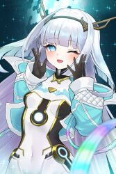 Rule 34 | 1girl, absurdres, amakusa setoka, aqua jacket, black gloves, blue eyes, blunt ends, bodysuit, breasts, covered navel, cropped jacket, eudie (shadowverse), gloves, hairband, highres, jacket, long hair, looking at viewer, one eye closed, open clothes, open jacket, open mouth, shadowverse, shadowverse: worlds beyond, small breasts, solo, upper body, white bodysuit, white hair