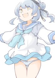 1girl akara_kai aqua_neckerchief aqua_skirt blue_hair blue_sailor_collar brown_eyes dixie_cup_hat double_bun fang hair_bun hat highres kantai_collection medium_hair military_hat neckerchief open_mouth panties sailor_collar samuel_b._roberts_(kancolle) samuel_b._roberts_mk_ii_(kancolle) school_uniform serafuku shirt simple_background skin_fang skirt sleeve_cuffs smile solo striped_clothes striped_panties thigh_gap twintails underwear white_background white_hat white_shirt