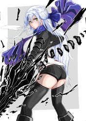1girl absurdres ass blue_ribbon fujino_shiroha grey_hair hair_ornament hair_ribbon hairclip highres holding holding_weapon long_hair nue_no_onmyouji ribbon scarf shorts skei20021008 thighhighs thighs weapon yellow_eyes
