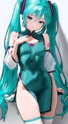 1girl absurdres bare_shoulders blue_eyes blue_hair breasts china_dress chinese_clothes cleavage_cutout clothing_cutout covered_navel detached_sleeves dress green_necktie hatsune_miku highres long_hair looking_at_viewer necktie pelvic_curtain skin_tight skindentation small_breasts smile solo standing thighhighs twintails very_long_hair vocaloid white_thighhighs wuhe2233pz