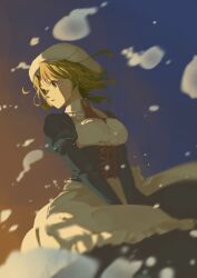 1girl absurdres apron ascot beret breasts brown_hair green_eyes hat highres jasumin-rara-123 juliet_sleeves large_breasts long_sleeves maid maid_apron parted_lips puffy_sleeves red_ascot shannon_(umineko) short_hair solo umineko_no_naku_koro_ni white_apron white_hat