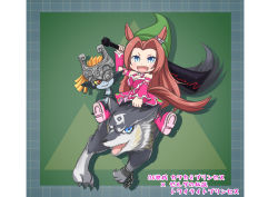 Rule 34 | 1girl, 2girls, absurdres, animal ears, ankle boots, anklet, aonoji, blue eyes, boots, brown hair, character name, chibi, commentary request, copyright name, cosplay, crossed arms, crossover, detached sleeves, dress, ear ornament, fake horns, helmet, highres, holding, holding sword, holding weapon, horned helmet, horns, horse ears, horse girl, horse tail, horseshoe, jewelry, kawakami princess (umamusume), link, link (cosplay), long hair, midna, multiple girls, name connection, nintendo, pink boots, pink dress, red eyes, riding, sleeveless, sleeveless dress, sword, tail, the legend of zelda, the legend of zelda: twilight princess, translation request, triforce print, umamusume, weapon, wolf, wolf link