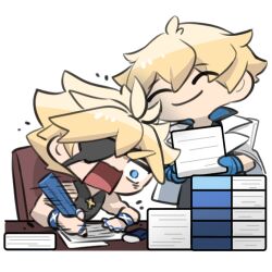 2boys bags_under_eyes blonde_hair blue_eyes book chair closed_eyes cottondog_ouob desk eraser eyepatch father_and_son guilty_gear guilty_gear_strive holding holding_paper homework ky_kiske lowres multiple_boys open_mouth paper pencil short_hair sin_kiske sitting smile transparent_background