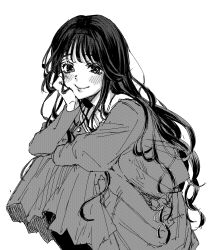 1girl absurdres black_hair black_socks blue_eyes blush closed_mouth greyscale hand_on_own_cheek hand_on_own_face highres kaoru_hana_wa_rin_to_saku long_hair long_sleeves looking_at_viewer mikami_saka monochrome official_art school_uniform shirt simple_background skirt smile socks solo very_long_hair waguri_kaoruko white_background
