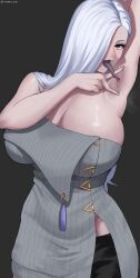 1girl absurdres arm_up armpit_stubble armpits black_tongue blue_lips breasts colored_tongue cowboy_shot dark_background dress fate/grand_order fate_(series) forked_tongue hair_over_one_eye highres huge_breasts licking licking_armpit licking_own_armpit lipstick long_hair long_tongue looking_at_viewer makeup mrs._snake_(fate) one_eye_covered open_mouth presenting_armpit saliva shiny_skin simple_background solo sweater sweater_dress tassel tongue tongue_out topeko_pekoni white_hair yellow_eyes