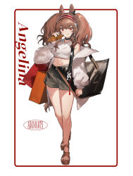 1girl :q alternate_costume angelina_(arknights) animal_ears arknights bag black_bag black_shorts border breasts brown_hair brown_sandals character_name commentary copyright_name croissant crop_top dot_nose earpiece food fox_ears fox_girl fox_tail full_body hair_between_eyes hairband hayama_eishi highres holding holding_food infection_monitor_(arknights) jacket jewelry long_hair long_sleeves looking_at_viewer material_growth medium_breasts midriff navel necklace off_shoulder open_clothes open_jacket oripathy_lesion_(arknights) platform_sandals red_eyes red_hairband sandals shirt shorts simple_background smile solo striped_clothes striped_hairband tail tongue tongue_out tote_bag twintails two-tone_hairband white_background white_jacket white_shirt