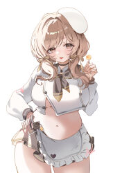 1girl absurdres apron ash_(cat7evy) black_choker bready_(nikke) breasts brown_eyes brown_hair candy choker crop_top food goddess_of_victory:_nikke hand_on_own_hip highres holding holding_candy holding_food holding_lollipop large_breasts lollipop long_sleeves looking_at_viewer miniskirt navel plump shirt simple_background skirt solo waist_apron white_background white_shirt