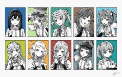 Rule 34 | absurdres, arare (kancolle), arashio (kancolle), arm warmers, asagumo (kancolle), asashio (kancolle), ascot, dress shirt, finger counting, greyscale, hairband, hat, highres, index finger raised, kantai collection, kasumi (kancolle), long hair, michishio (kancolle), minegumo (kancolle), monochrome, natsugumo (kancolle), neck ribbon, ooshio (kancolle), open hand, ribbon, shirt, short hair, side ponytail, spot color, sumoffu, suspenders, twintails, yamagumo (kancolle)