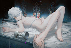 1boy barefoot book chalice closed_mouth completely_nude cup fate/grand_order fate_(series) galahad_(fate) hair_over_one_eye highres holding_another&#039;s_foot jewelry lalatia-meai lying male_focus necklace nude on_back pectorals short_hair solo_focus stained_glass string_of_pearls toenails