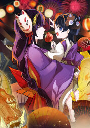 Rule 34 | 1girl, 4boys, absurdres, aerial fireworks, aged down, barefoot, black bridal gauntlets, blue eyes, blunt bangs, blunt ends, bridal gauntlets, candy apple, carrying, cat mask, child carry, clothing cutout, eyeliner, eyeshadow, festival, fireworks, food, fox mask, genshin impact, highres, japanese clothes, kariginu, kimono, lantern, layered sleeves, long hair, long sleeves, looking at another, low-braided long hair, low-tied long hair, makeup, mask, mask on head, mole, mole under eye, momogourami, mother and son, multiple boys, oil-paper umbrella, oni mask, open mouth, paper lantern, pointing, pointing up, purple eyes, purple hair, purple kimono, purple sleeves, raiden shogun, red eyeliner, red eyeshadow, scaramouche (genshin impact), scaramouche (kabukimono) (genshin impact), shoulder cutout, sidelocks, sideways mouth, umbrella, white sleeves, wide sleeves