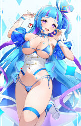 1girl absurdres alternate_breast_size alternate_costume aokaze_nana bikini blue_bikini blue_hair blue_nails breasts commentary cure_wink fingernails heart highres kimi_to_idol_precure large_breasts long_hair magical_girl multicolored_hair nail_polish navel open_mouth precure purple_hair rumo side-tie_bikini_bottom solo spoken_heart standing standing_on_one_leg swimsuit symbol-only_commentary thigh_strap thighs two-tone_hair very_long_hair