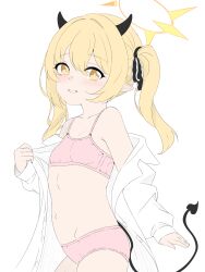 1girl absurdres armpit_crease blonde_hair blue_archive bra dipa flat_chest highres ibuki_(blue_archive) loli navel no_wings panties pink_bra pink_panties shirt solo stomach training_bra unbuttoned unbuttoned_shirt underwear yellow_eyes
