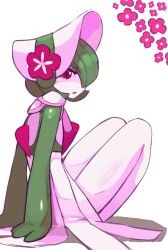 1girl bad_id bad_pixiv_id bob_cut bonnet colored_skin dress flower gardevoir gardevoir_(fashionable) gen_3_pokemon green_hair green_skin hair_over_one_eye hat hat_flower highres icypinkflame multicolored_skin nintendo parted_lips pink_flower pokemon pokemon_(creature) pokemon_unite simple_background two-tone_skin white_background white_dress white_skin