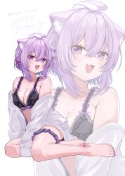 1girl :3 :d absurdres ahoge animal_ears barefoot black_bra bra braid cat_ears cat_girl cat_tail commentary_request crossed_bangs double-parted_bangs fang frilled_bra frills full_body gong_xu_yamii hair_between_eyes hair_ribbon highres hololive jacket lace lace-trimmed_bra lace_trim lingerie looking_at_viewer nail_polish nekomata_okayu off_shoulder open_mouth purple_eyes purple_hair purple_nails red_ribbon ribbon short_hair side_braids simple_background sitting skin_fang sleeves_past_fingers sleeves_past_wrists smile tail thigh_scrunchie toenail_polish toenails underwear virtual_youtuber white_background white_jacket yokozuwari zoom_layer
